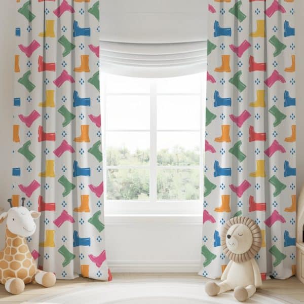 Pair Of Children'S Curtains With A Colorful Rain Boot Pattern.