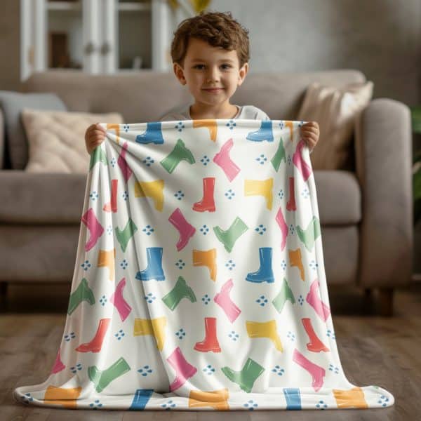 Young Boy Holding A White Blanket With A Colorful Rain Boot Pattern.