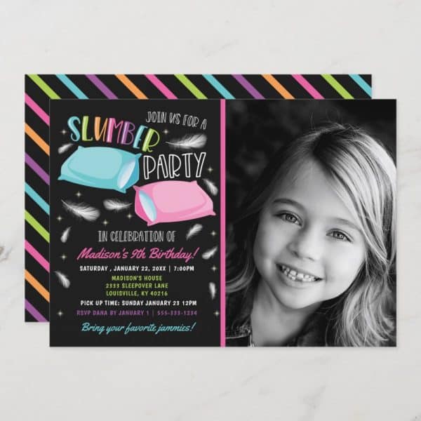 A Slumber Party Invitation Featuring A Photo Of A Smiling Girl. The Invitation Is Decorated With Pillows And Feathers.