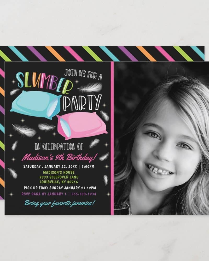 A slumber party invitation featuring a photo of a smiling girl. The invitation is decorated with pillows and feathers.