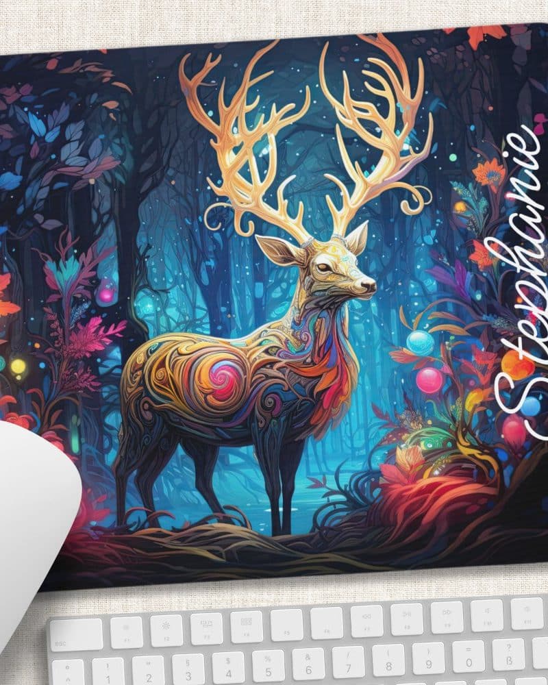 A colorful, ornate deer stands in a dark forest, surrounded by vibrant flowers and glowing orbs. The name Stephanie is written on the right.