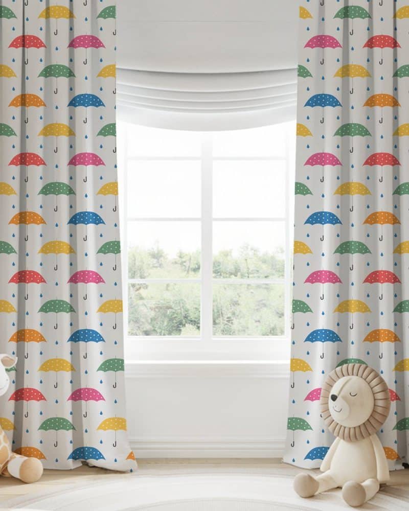 Colorful polka dot umbrellas and raindrops patterned curtains.