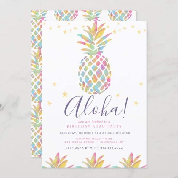 Pastel Rainbow Watercolor Pineapple Birthday Luau Invitation.