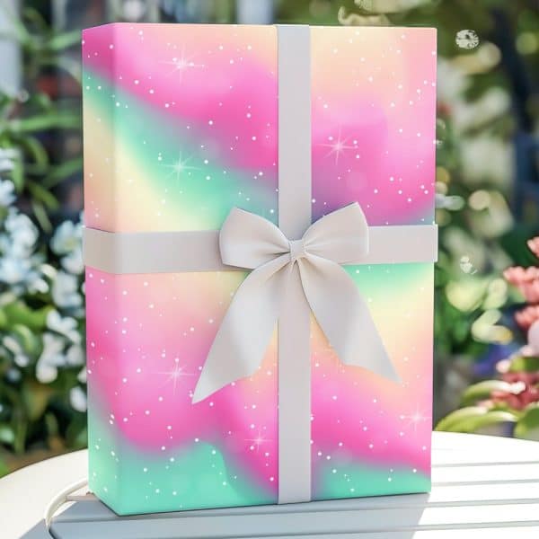 A Gift Wrapped In Pastel Rainbow Paper With White Speckles And A Large Gray Bow.