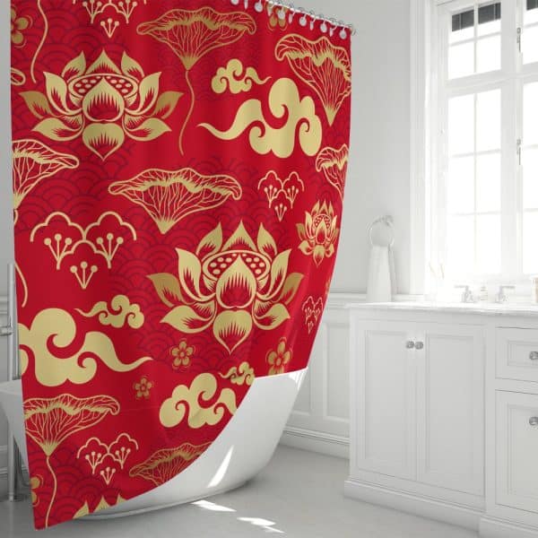Red Shower Curtain With Gold Lotus Flower And Cloud Pattern.