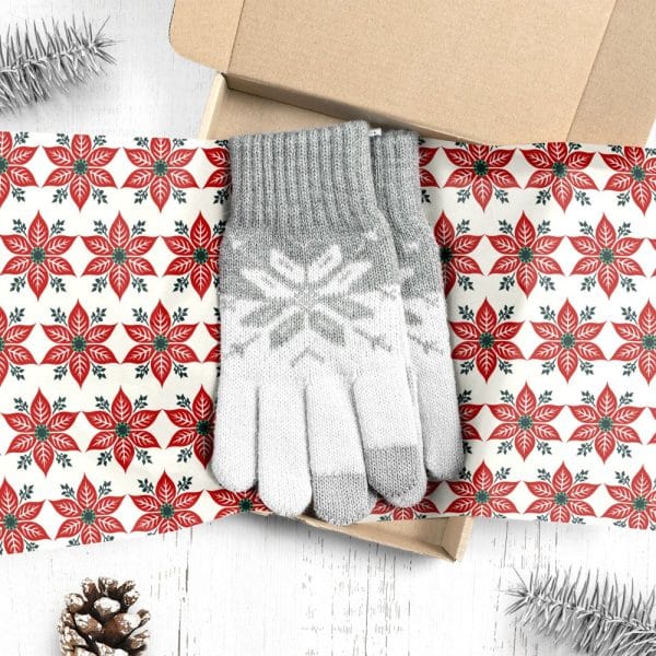 Pair Of Gray And White Knit Gloves In A Christmas Gift Box.