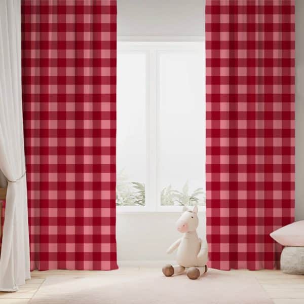 Pair Of Red And Pink Gingham Curtains.