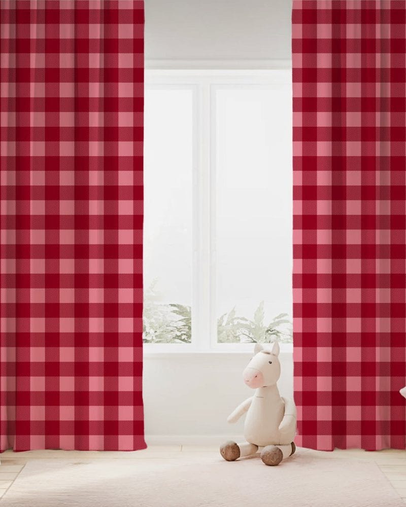Pair of red and pink gingham curtains.