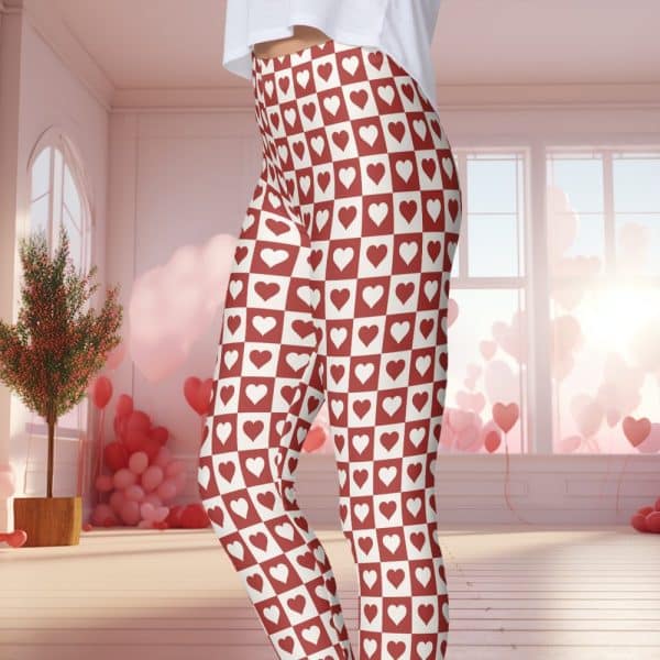 Red And White Heart Patterned Leggings.