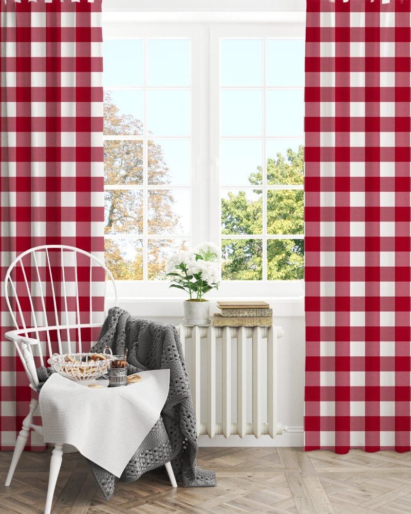 Red and white gingham curtains flanking a window.