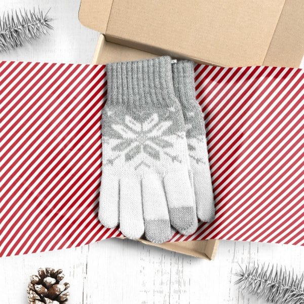 Pair Of Grey And White Knit Gloves With Snowflake Pattern In A Gift Box.