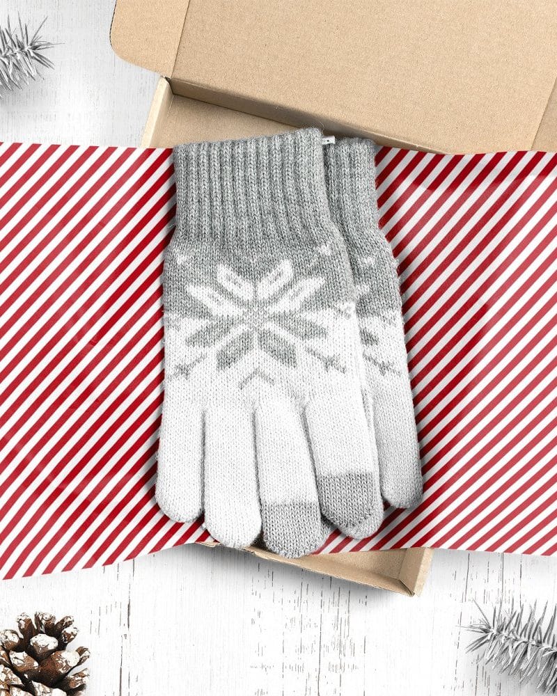 Pair of grey and white knit gloves with snowflake pattern in a gift box.