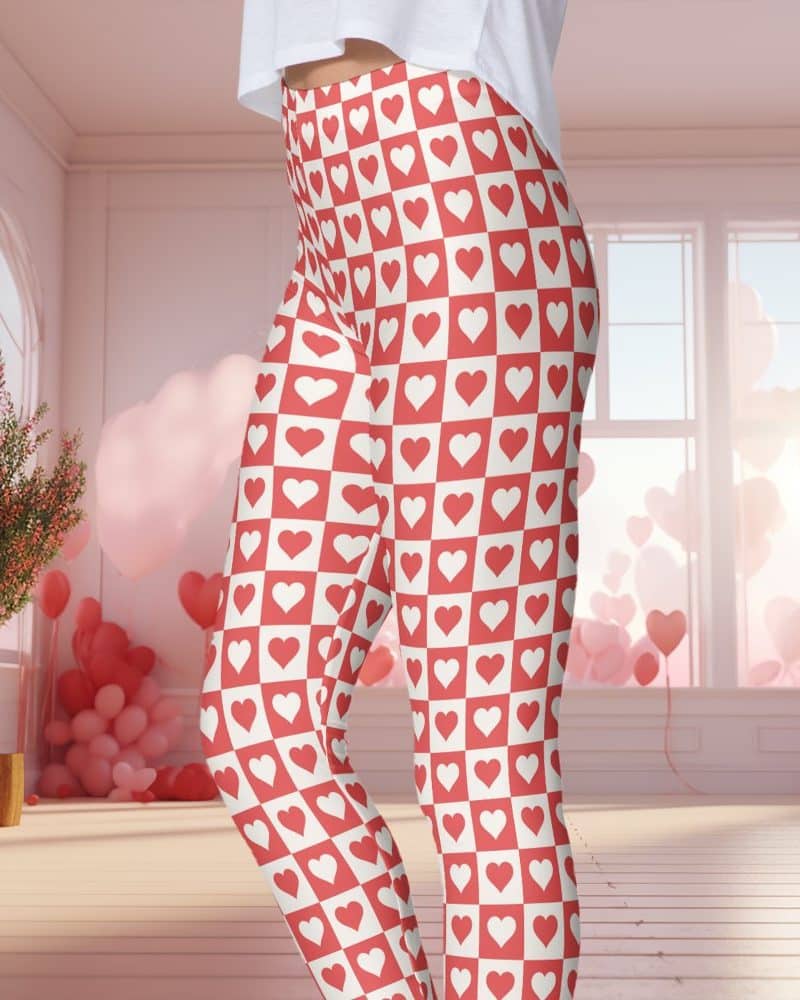 Red and white checkered leggings with heart patterns.