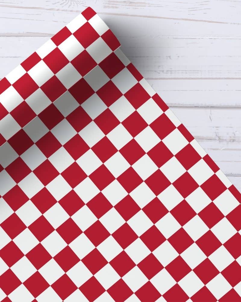 Red and white checkered wrapping paper roll.