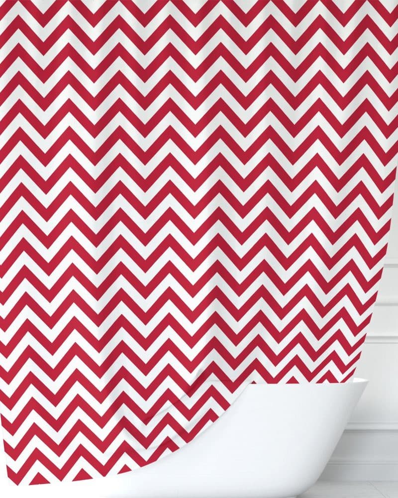 Red and white chevron patterned shower curtain.