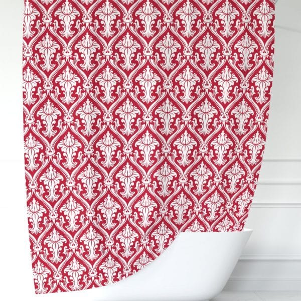 Red Shower Curtain With A White Damask Pattern.