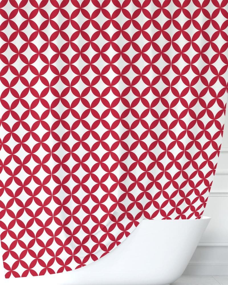 Red and white geometric patterned shower curtain.