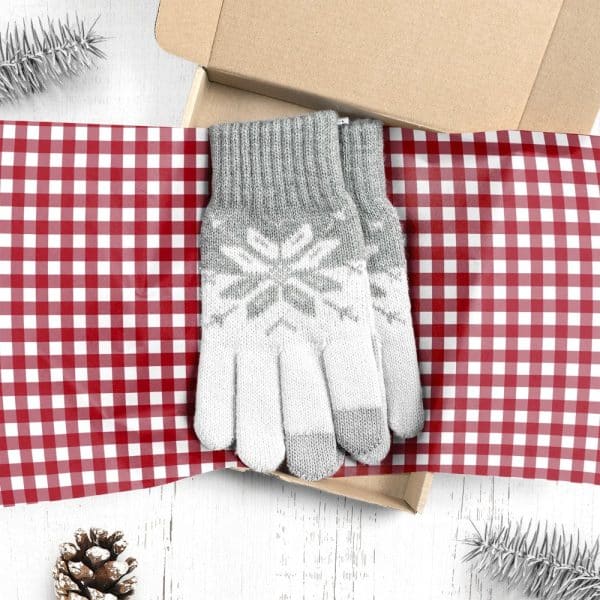 Pair Of Gray And White Snowflake Patterned Gloves In A Gift Box.