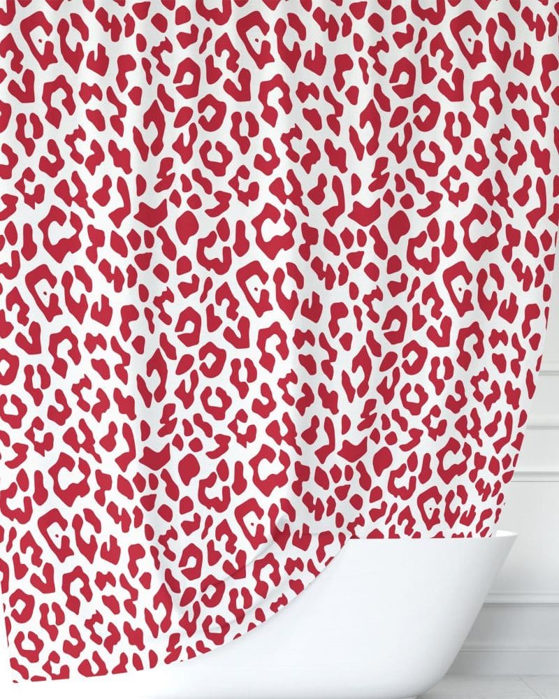 Red leopard print shower curtain.