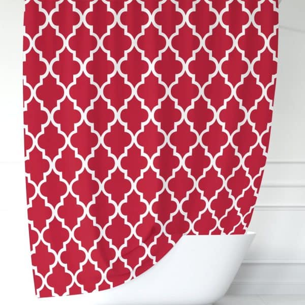 Red Shower Curtain With A White Quatrefoil Pattern.