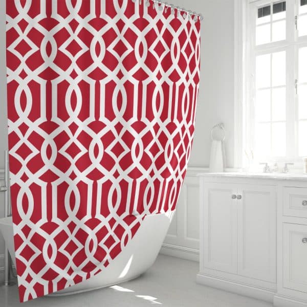 Red And White Geometric Patterned Shower Curtain.