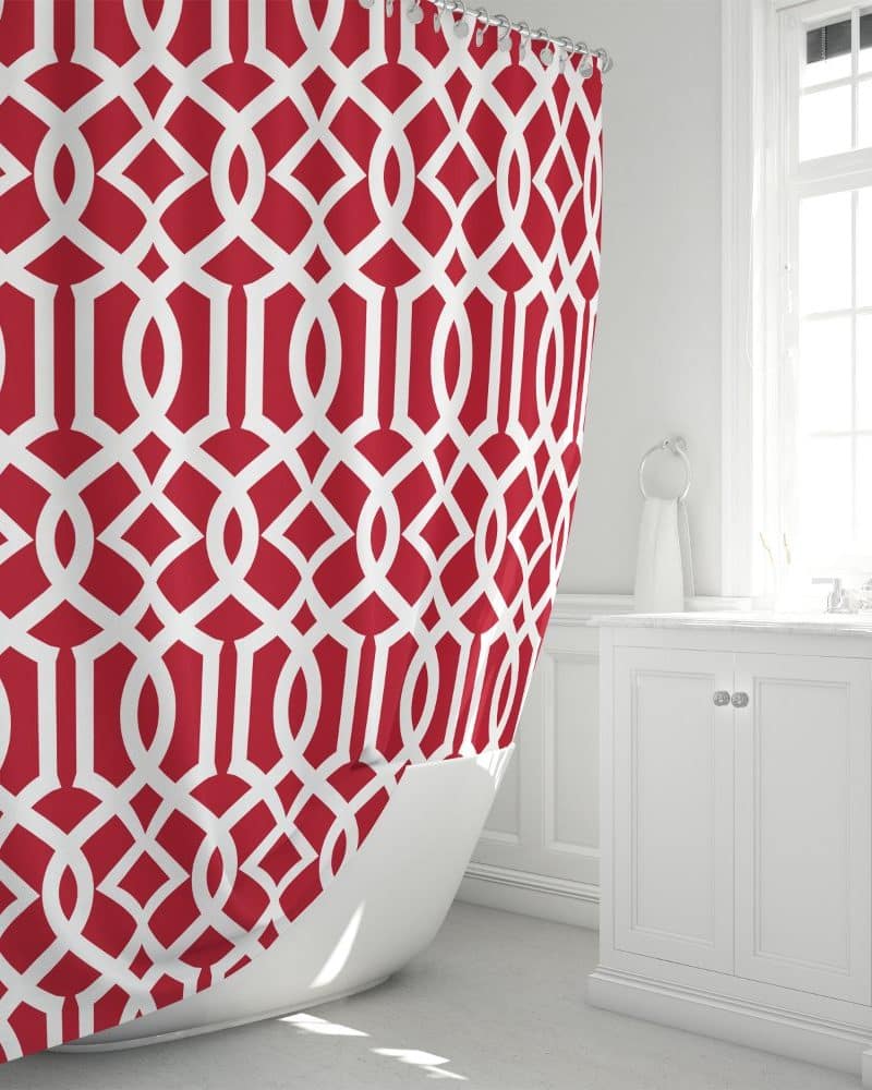 Red and white geometric patterned shower curtain.