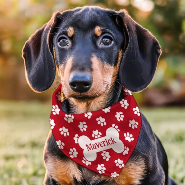 A Dachshund Puppy Wearing A Red Bandana With White Paw Prints And Its Name, Maverick, On A Bone-Shaped Design.