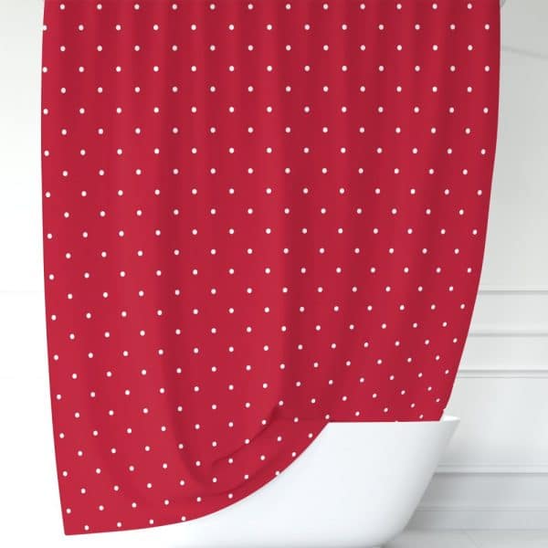 Red Shower Curtain With White Polka Dots.