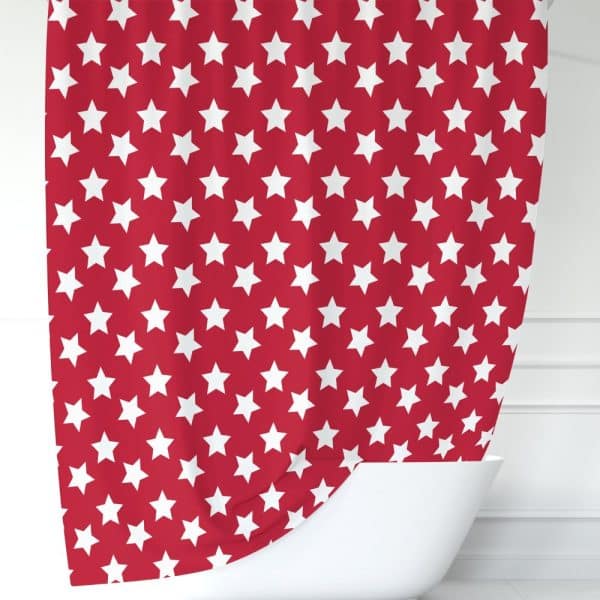 Red Shower Curtain With A White Star Pattern.