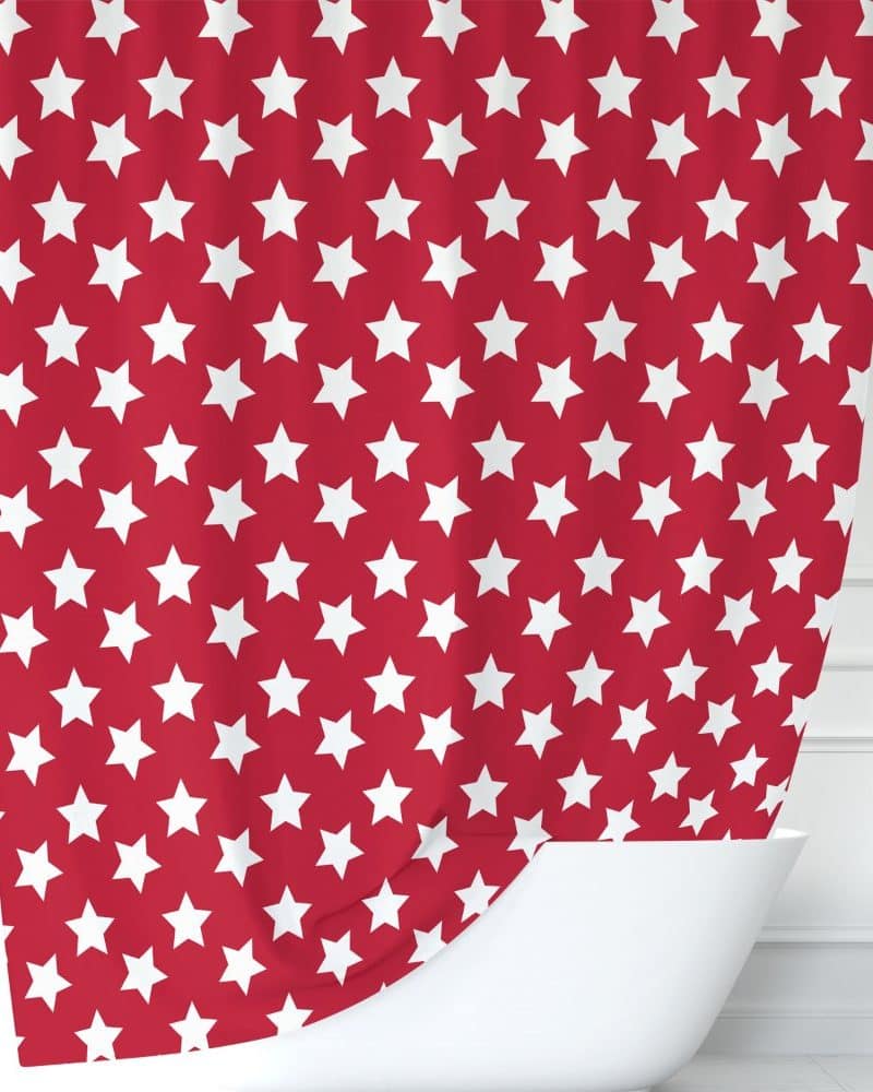 Red shower curtain with a white star pattern.