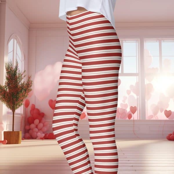 Red And White Striped Leggings On A Woman'S Legs.