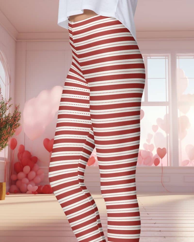 Red and white striped leggings on a woman's legs.