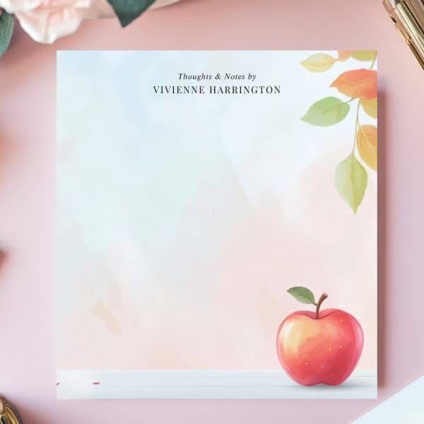 Red Apple On Notepad With Autumn Leaves And Vivienne Harrington'S Name.