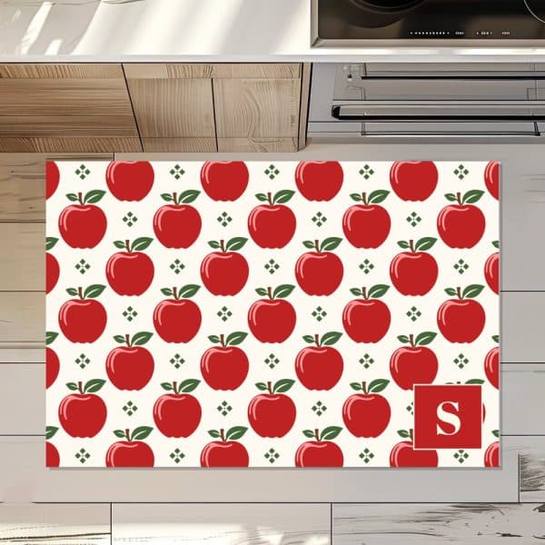 Kitchen Mat With A Repeating Pattern Of Red Apples And A Monogrammed S.