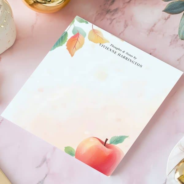 Blank Stationery Featuring An Illustration Of An Apple And Autumn Leaves In The Corner. The Top Right Corner Includes The Text Thoughts &Amp; Notes By Vivienne Harrington.