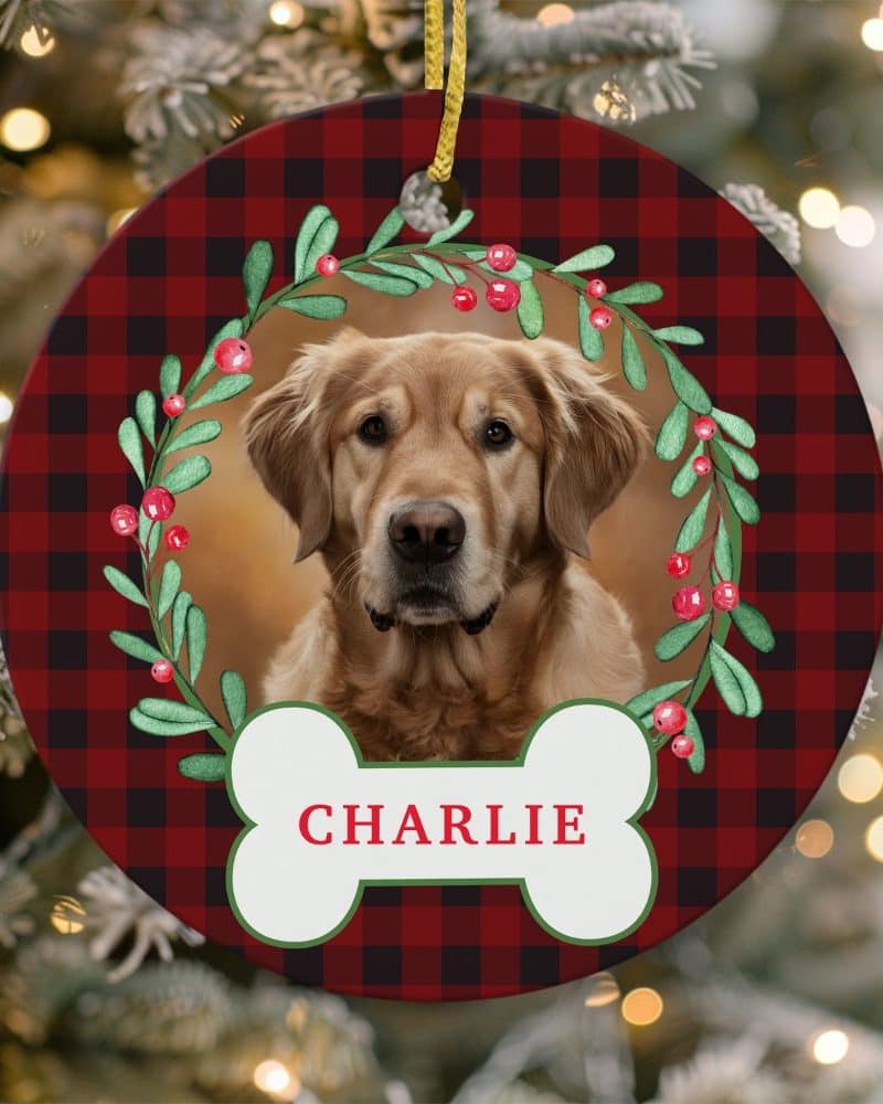 Round Christmas ornament with red and black plaid background, featuring a golden retriever in a holly wreath, and the name Charlie on a bone-shaped tag.