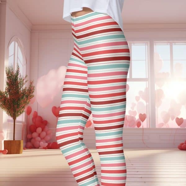Pair Of Women'S Leggings With Horizontal Stripes In Shades Of Pink, Red, And Teal.