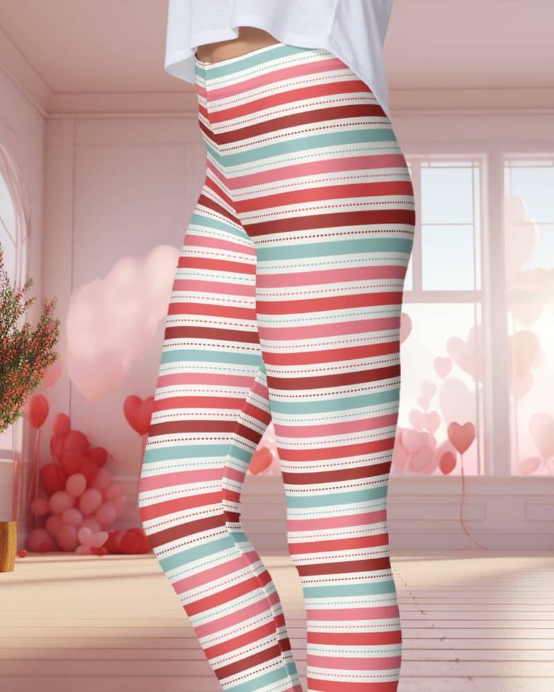 Pair of women's leggings with horizontal stripes in shades of pink, red, and teal.