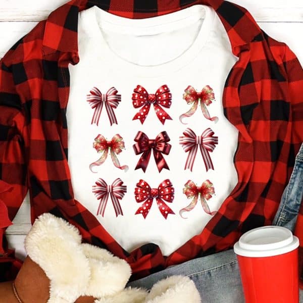 White Shirt With Nine Red And White Bows.