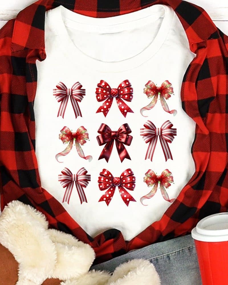 White shirt with nine red and white bows.