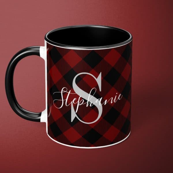 Black-Handled Mug With A Red And Black Buffalo Plaid Pattern And The Name Stephanie.