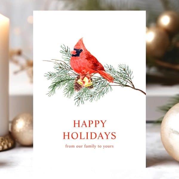 Holiday Card Featuring A Watercolor Painting Of A Cardinal Perched On A Pine Branch With Ornaments. The Text Reads Happy Holidays From Our Family To Yours.