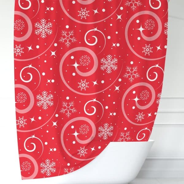 Red Shower Curtain With A White Snowflake And Swirl Pattern.