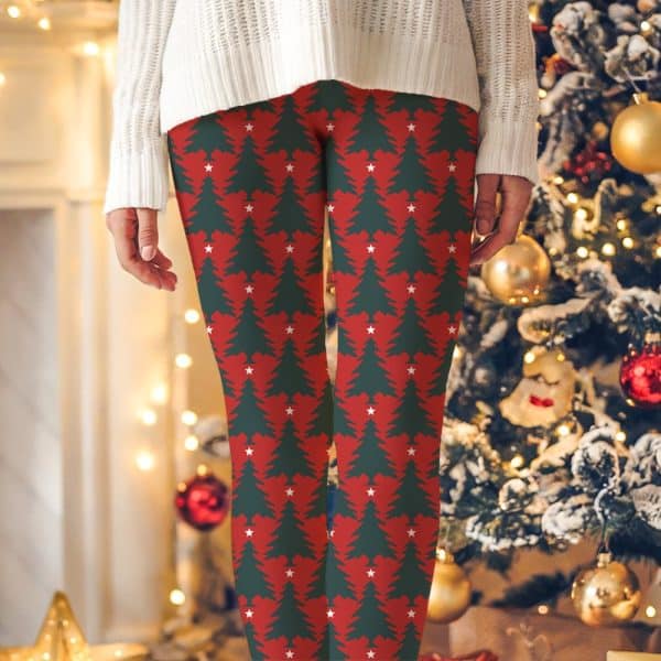 Red And Green Christmas Tree Patterned Leggings.