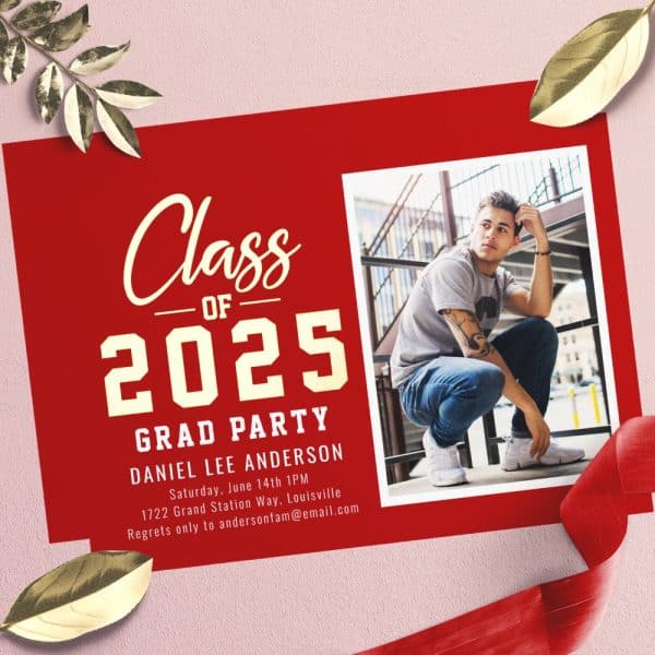 Red Graduation Announcement For Daniel Lee Anderson, Class Of 2025. A Photo Of The Graduate Is Included.