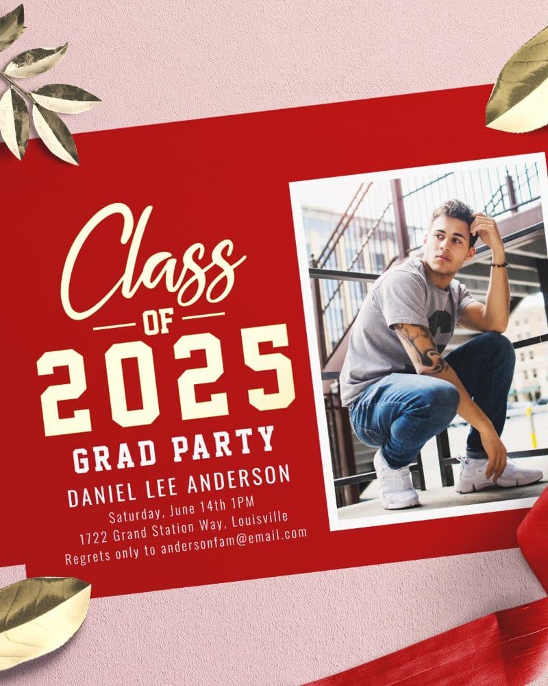 Red graduation announcement for Daniel Lee Anderson, class of 2025. A photo of the graduate is included.