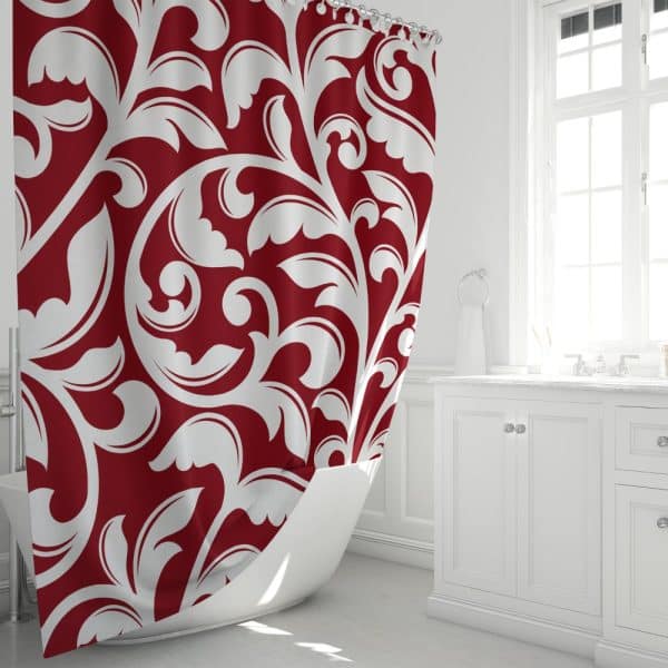 Red And White Damask Patterned Shower Curtain.