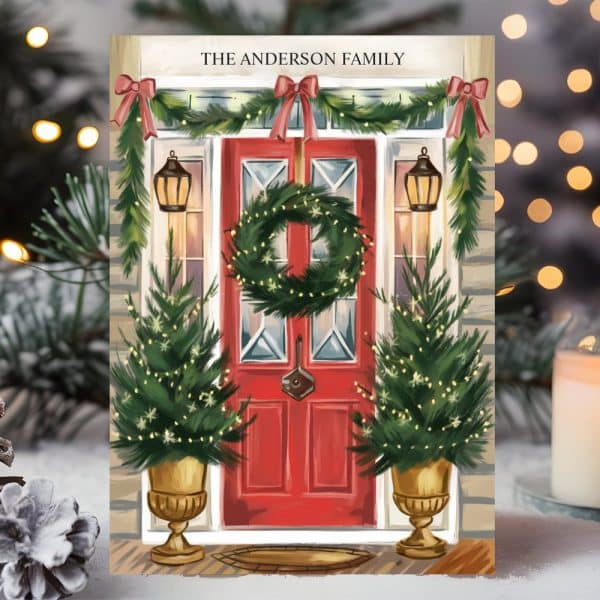 A Christmas Card Illustration Of A Red Front Door Decorated With A Wreath, Garland, And Potted Trees. The Anderson Family Name Is At The Top.