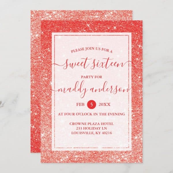 Red Glitter Sweet Sixteen Invitation For Maddy Anderson.