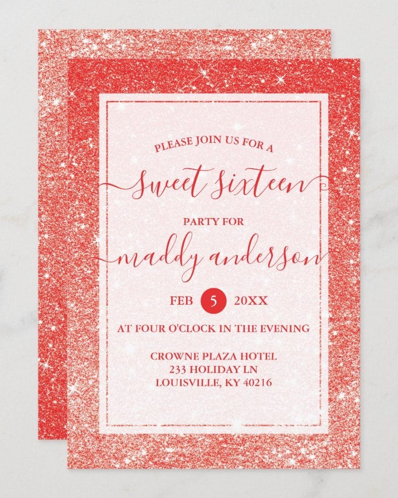 Red glitter Sweet Sixteen invitation for Maddy Anderson.